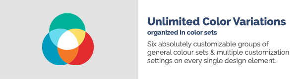 Variasi Warna Tak Terbatas diatur dalam set warna Enam kelompok warna umum yang benar-benar dapat disesuaikan mengatur beberapa pengaturan kustomisasi pada setiap elemen desain.