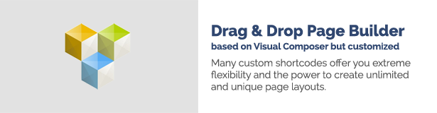 Drag n Drop Page Builder berdasarkan Visual Composer tetapi disesuaikan Banyak shortcode khusus menawarkan fleksibilitas ekstrim dan kekuatan untuk membuat tata letak halaman yang tidak terbatas dan unik.